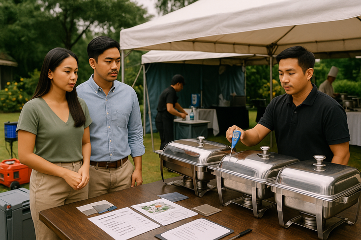 Couple checking outdoor catering safety with covered prep tent insulated carriers and temperature checks