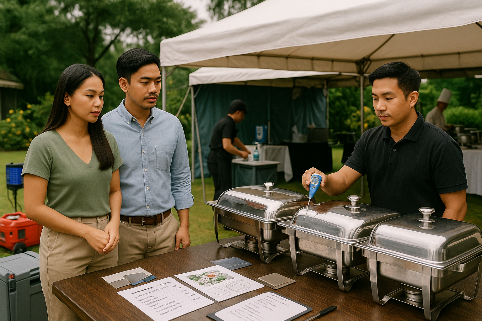 Couple checking outdoor catering safety with covered prep tent insulated carriers and temperature checks