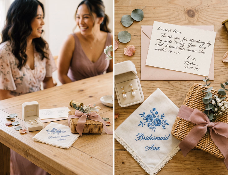 Flat lay of bridesmaid gifts on a light wood table featuring pearl earrings in an open jewelry box, an embroidered handkerchief, a handwoven rattan basket tied with ribbon, and a handwritten note card, with two Filipino women softly blurred in the background