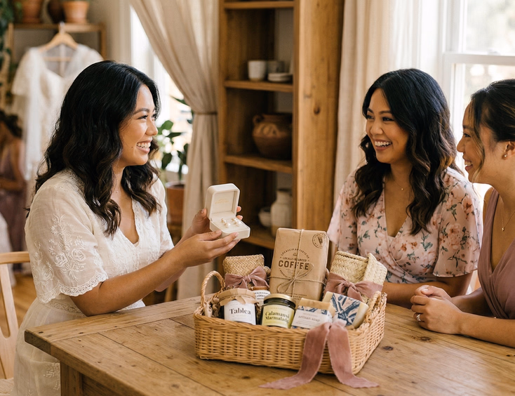 Filipino bride seated at a wooden table with two bridesmaids, holding open a jewelry box with pearl earrings, with a woven rattan basket of local artisan products between them in warm natural indoor light
