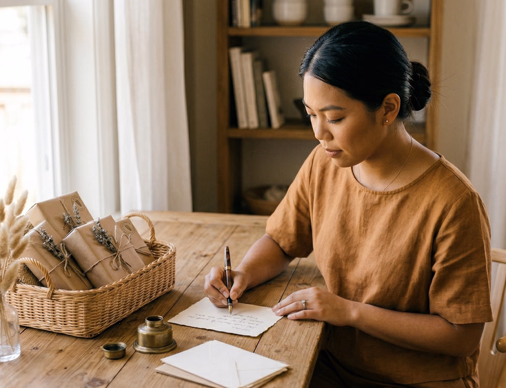 Filipino woman with morena skin writing a handwritten note card at a wooden desk beside a handwoven rattan basket filled with kraft paper wrapped gifts and dried pampas grass in natural window light