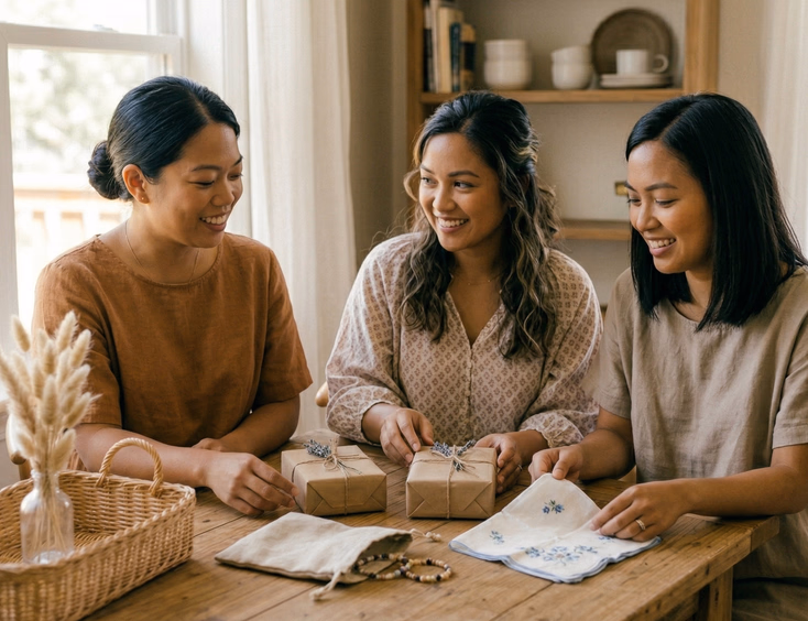 Three Filipino women with morena skin smiling and relaxed around a low wooden table comparing small wrapped gifts, an open jewelry pouch, and a folded handkerchief in bright natural light with warm neutral tones