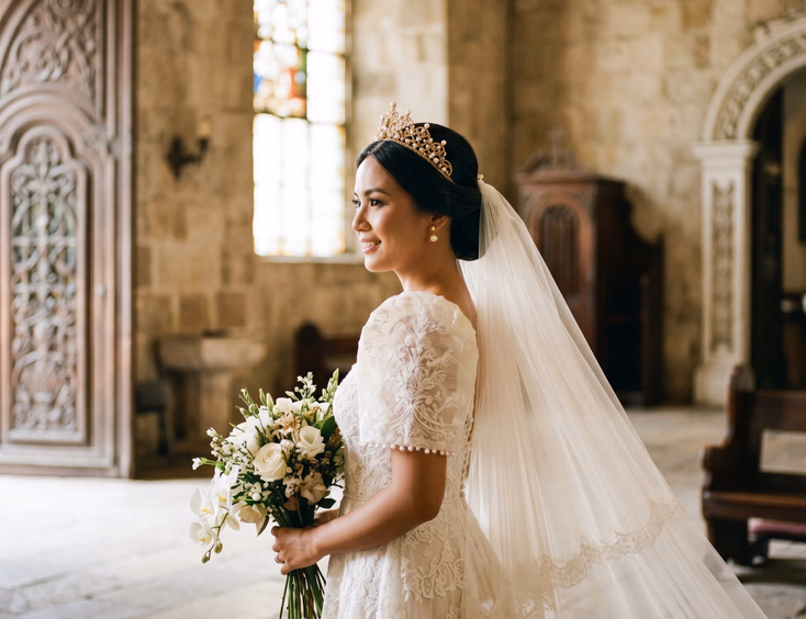 Filipino bride in white terno gown wearing gold filigree tiara with pearl accents and fingertip tulle veil, side profile in sunlit Filipino stone church with arched wooden doors, editorial wedding photography