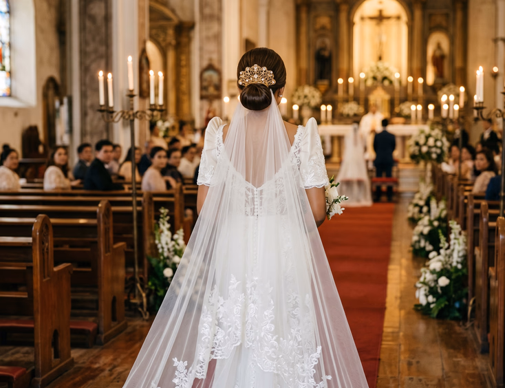 Back view of Filipino bride in white terno butterfly sleeve gown wearing gold filigree peineta comb with lace-edged cathedral veil cascading down church aisle with wooden pews, editorial wedding photography