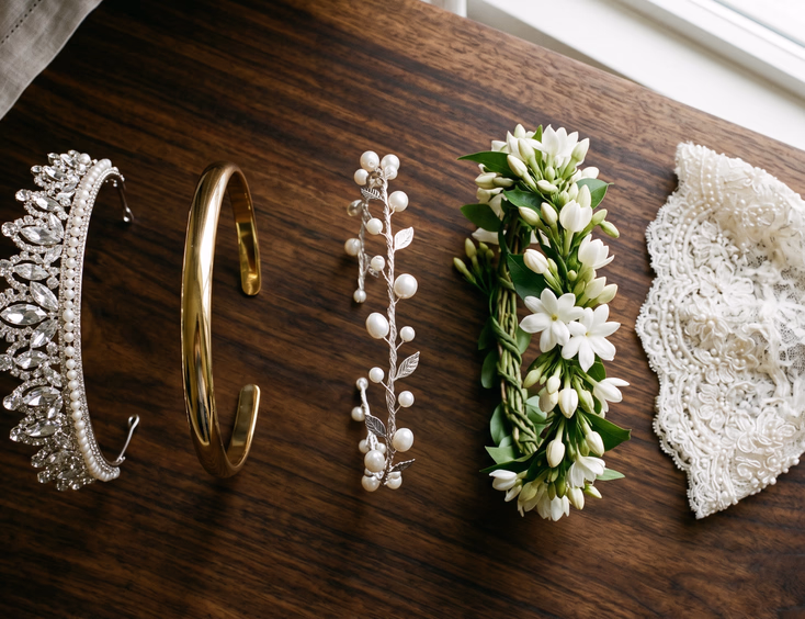 Flat lay of five Filipino bridal headpieces on dark narra wood surface including crystal tiara, gold headband, pearl halo, sampaguita floral crown, and lace Juliet cap, editorial jewelry product photography