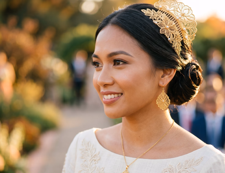 Close-up portrait of Filipino bride wearing matching gold filigree kalado-pattern peineta, creolla drop earrings, and pendant necklace, golden hour light catching filigree details, editorial wedding photography