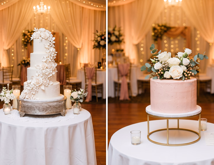Side-by-side comparison of a classic four-tiered white fondant wedding cake and a minimalist single-tier pastel pink buttercream cake on separate tables at an elegant Filipino wedding reception