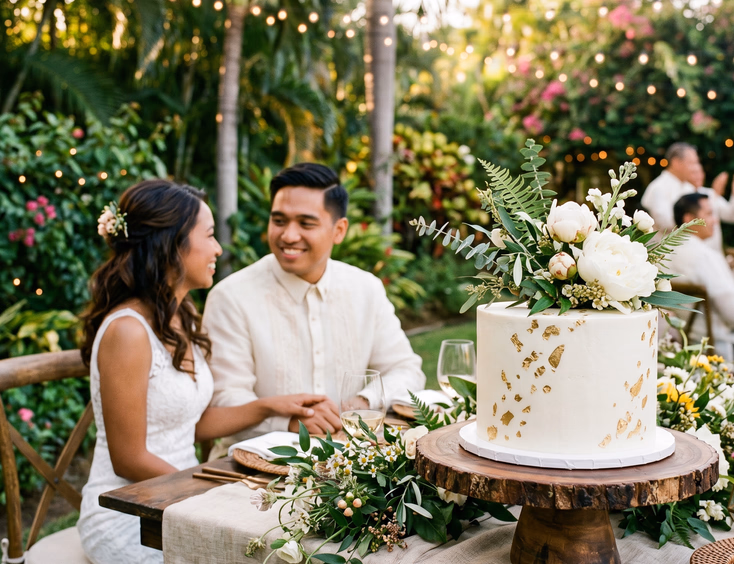 Single-tier white buttercream wedding cake with gold leaf accents and white peonies on a rustic stand at an outdoor Filipino garden wedding, with the blurred couple seated at their sweetheart table in golden hour light