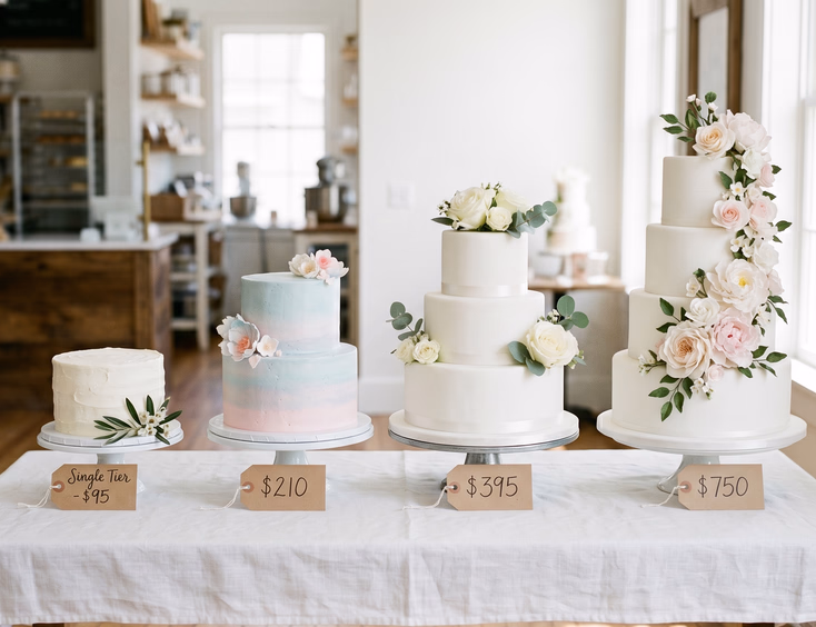 Four wedding cakes arranged by size in a bakery showroom from single-tier to four-tiered with handwritten price tags, showing buttercream, ombre, fondant, and sugar flower styles in natural window light
