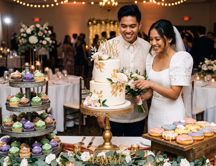 Filipino wedding dessert station with a two-tiered white and gold display cake flanked by a cupcake tower in ube, pandan, and mocha frostings and a donut board with pastel glazes, with the couple standing behind the table in wedding attire