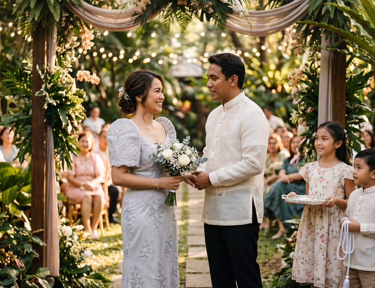 Filipino couple in their late 30s renewing vows in a garden venue for their 10th anniversary.