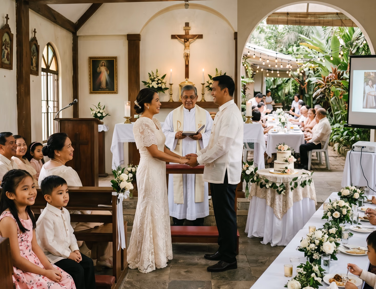 Filipino family at a Catholic chapel vow renewal ceremony and garden reception.