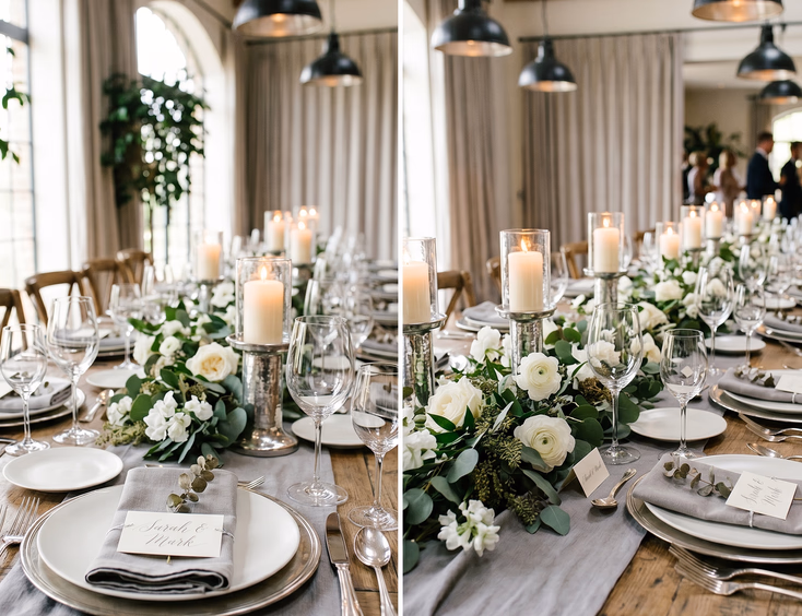 Elegant tin wedding anniversary tablescape with pewter accents, eucalyptus, and white roses.