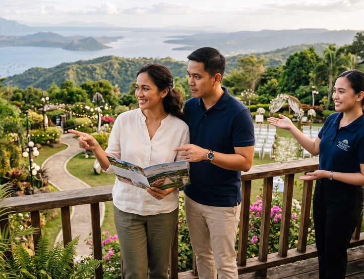 Filipino couple touring a Tagaytay garden venue overlooking Taal Lake for a wedding anniversary.