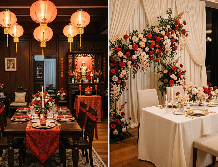Split-scene comparison of two tinghun setups, traditional Filipino home sala with dark wood furniture, red table runner, and red lanterns on the left, and a modern private dining venue with ivory linen backdrops and a red and blush floral installation on the right
