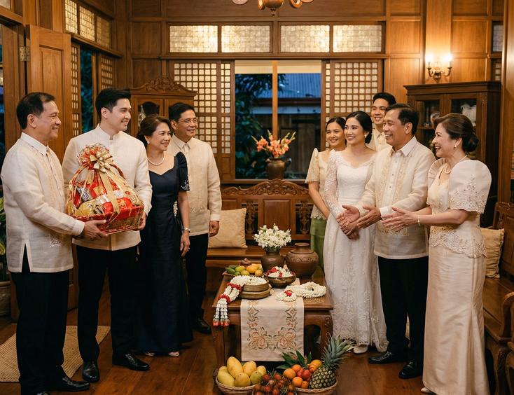 Two Filipino families in barong tagalog and filipiniana attire gathered in a traditional Filipino home sala for a tinghun ceremony with the groom's family presenting red and gold gifts at a decorated ceremonial table with sampaguita flowers