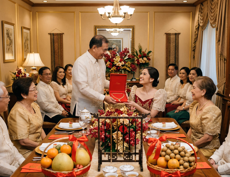 Filipino man in his 60s in barong tagalog presenting a red jewelry box to a young woman in filipiniana at a formal tinghun ceremony dining table decorated with red and gold accents, fruit baskets, and fresh flowers