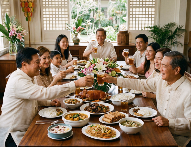 Two Filipino families in barong tagalog and filipiniana sharing a post-tinghun celebration meal with traditional Filipino dishes as a Filipino man raises a toast in a bright home dining room with capiz windows and flower centerpieces