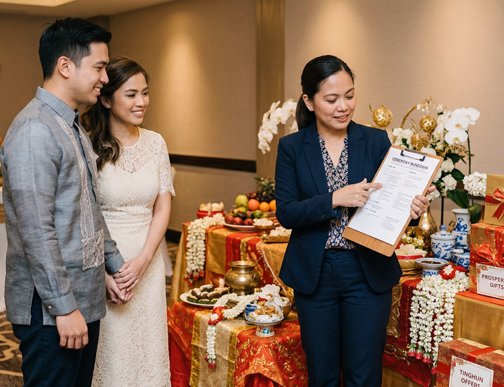 Filipino female wedding coordinator holding a clipboard and reviewing a ceremony rundown with a Filipino couple beside a tinghun ceremonial table dressed in red and gold linens with sampaguita arrangements and wrapped gift boxes