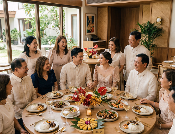 Young Filipino couple in modern filipiniana and barong attire celebrating their Tinghun engagement with both families at a round table in a contemporary Filipino restaurant with red and gold decor