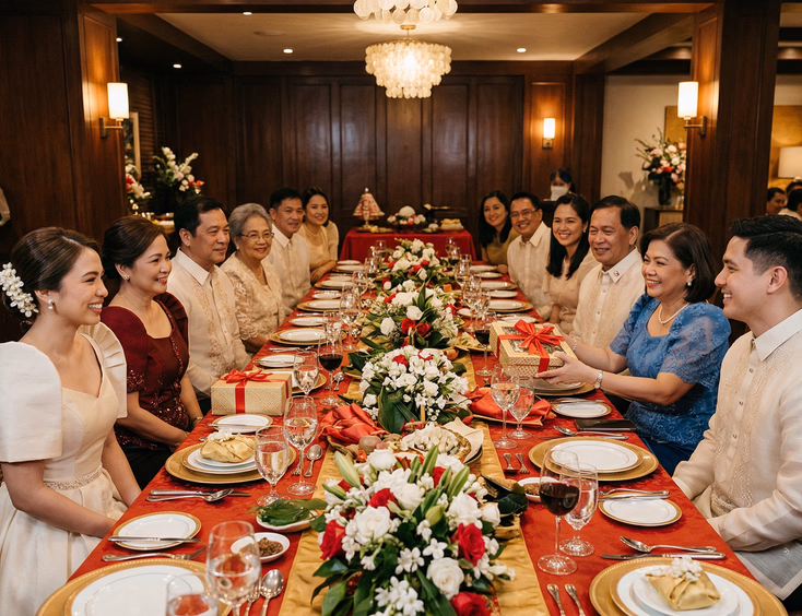 Two Filipino families in barong tagalog and filipiniana attire exchanging gifts during a traditional tinghun ceremony in a warmly lit private dining room decorated with red and gold linens and sampaguita flower arrangements in the Philippines
