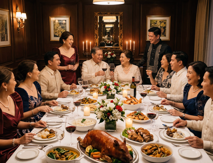 Filipino family in formal attire gathered for a celebratory dinner at an upscale Manila restaurant private dining room with traditional Filipino dishes, dark wood paneling, and warm ambient lighting
