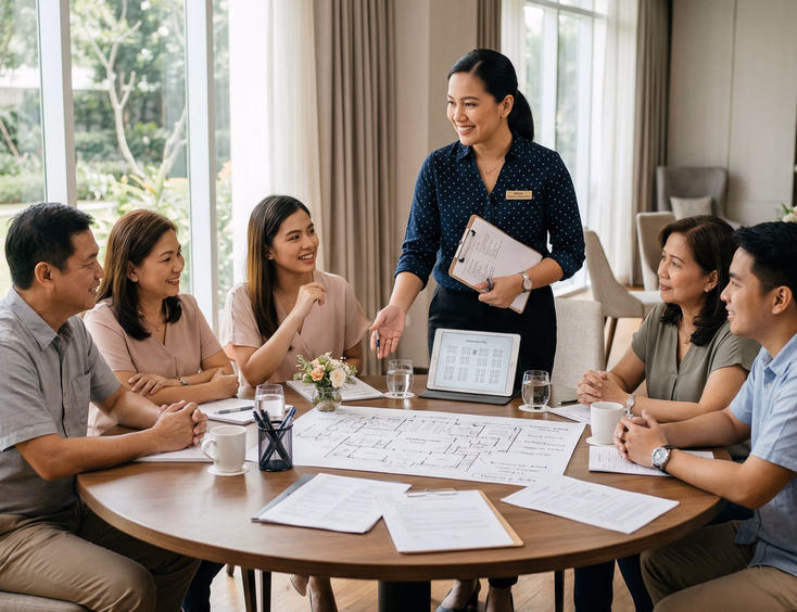 Filipino female wedding coordinator holding a clipboard and discussing plans with two families seated at a round table covered with documents, a floor plan, and a tablet in a bright function room