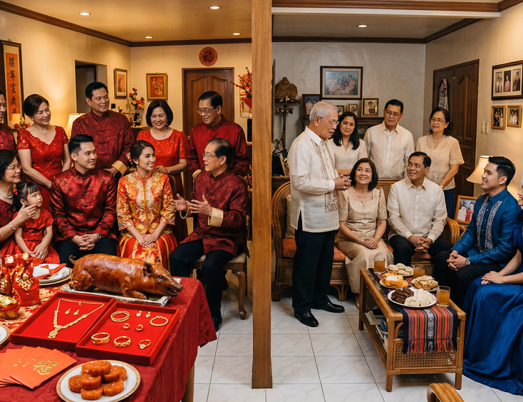 Split-scene comparison of a formal Filipino Tinghun ceremony with gold jewelry and lechon display alongside a pamamanhikan gathering where the groom's father speaks to the bride's parents in a Filipino home living room