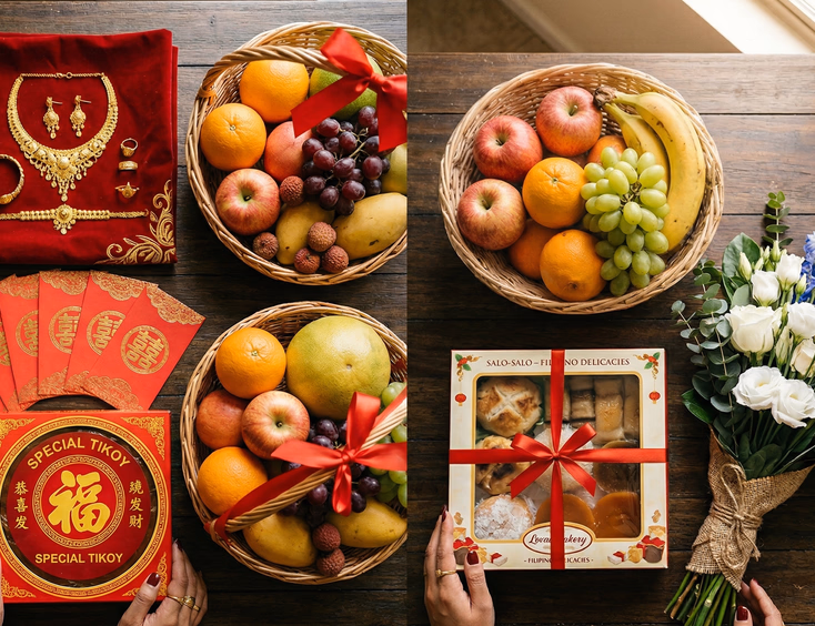 Flat lay comparison of traditional Filipino Tinghun gifts including gold jewelry on red velvet and ang pao envelopes beside simpler pamamanhikan gifts of a fruit basket, pastries, and flowers on a dark wooden table