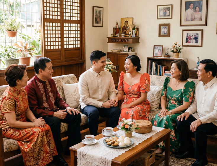 Young Filipino couple in barong and filipiniana sitting together on a sofa facing both sets of older parents during a combined Tinghun and pamamanhikan meeting in a Filipino home living room with capiz shell windows