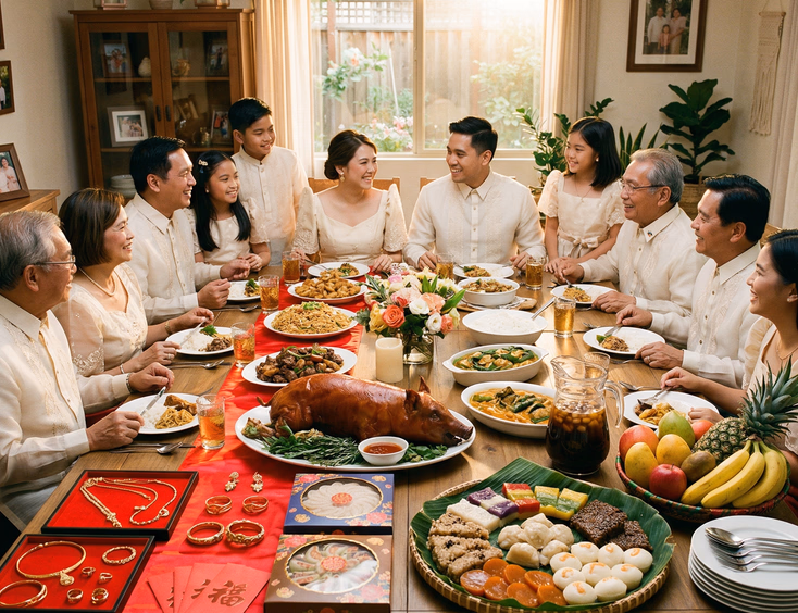 Wide shot of a large Filipino family dining table featuring both Tinghun and pamamanhikan elements including gold jewelry, ang pao, tikoy, lechon, and kakanin on a bilao with three generations of family members seated together