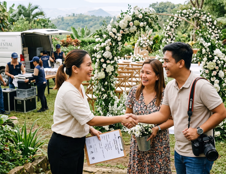 Filipino wedding coordinator greeting familiar florist, photographer, and caterer team at Tagaytay garden venue on wedding day
