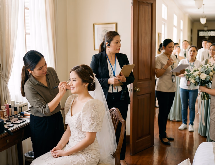 Filipino wedding coordinator managing processional cues via earpiece while bride gets makeup done calmly in bridal suite