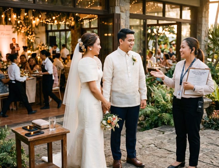 Filipino wedding coordinator reassuring couple during a quiet moment outside the reception venue as the wedding program runs smoothly