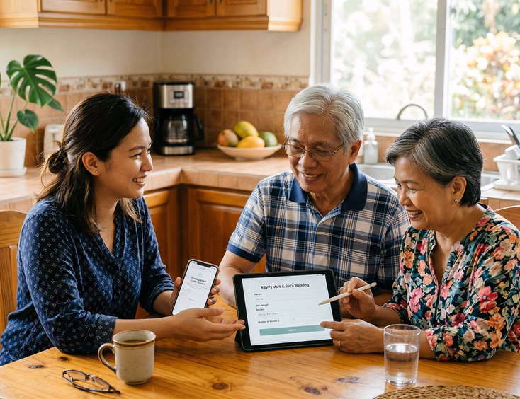 Filipina woman helping older Filipino parents complete wedding RSVP form on tablet at kitchen table