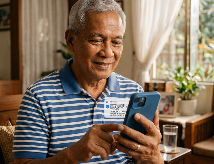 Older Filipino man reading wedding RSVP confirmation message on smartphone with satisfied expression
