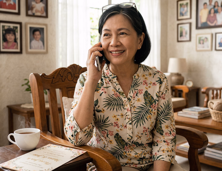 Older Filipina woman talking on phone about wedding invitation while sitting in warmly lit Filipino living room