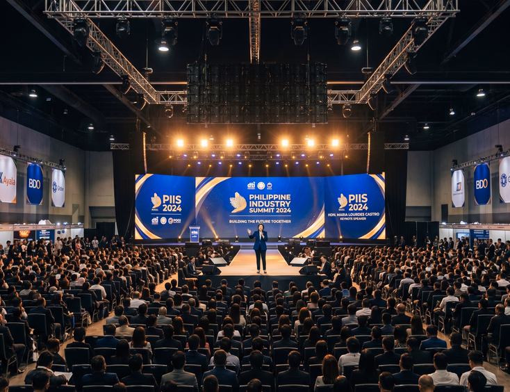 Wide shot of a massive Filipino industry conference in Manila with a Filipina keynote speaker addressing thousands of delegates in a convention hall.