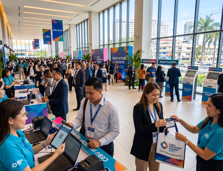 Industry conference pre-function area in Cebu with Filipino delegates checking in at registration kiosks, scanning QR codes, and receiving badges.