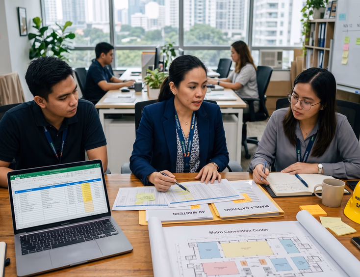 Filipina event director and team reviewing convention budget spreadsheets, quotes, and floor plans in a focused planning session office.