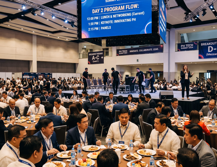 Dynamic conference scene in Manila with Filipino delegates networking over lunch, a host on stage, and AV crew preparing for breakout sessions.