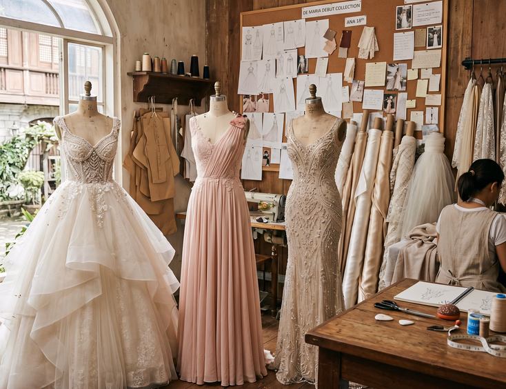A Filipino designer's atelier featuring dress forms with three different debut gowns in progress: ivory ballgown, blush A-line, and champagne mermaid.