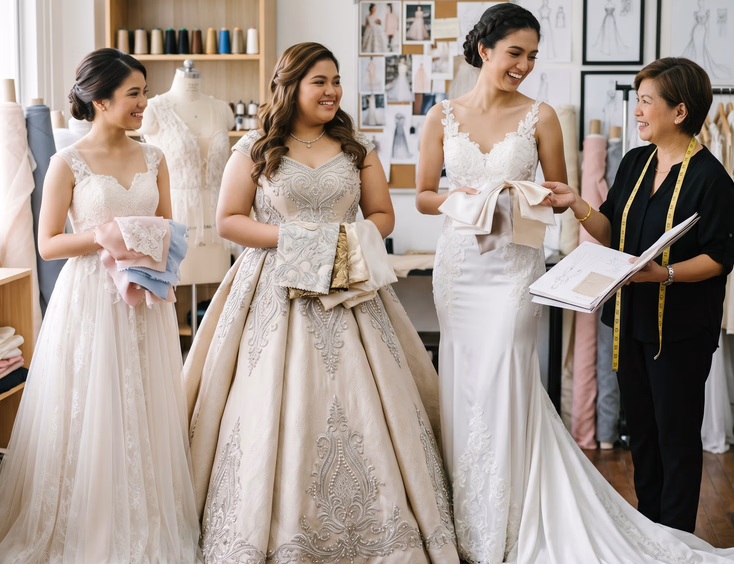 Three Filipino debutantes with diverse body shapes have a styling consultation with their designer in a sunlit studio, each with a tailored gown.