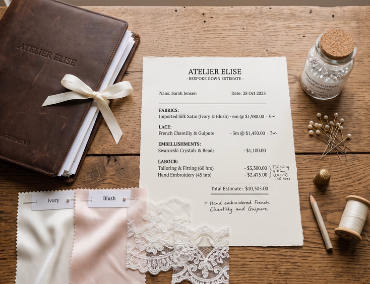 Flat lay of designer gown pricing details on a workbench, with an itemized quote, fabric swatches, lace samples, crystals, and a contract.