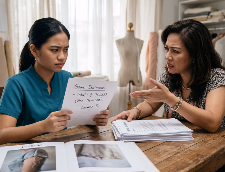 A cautious Filipino debutante reviews a vague, unitemized handwritten quote at a consultation with an impatient designer in a studio setting.