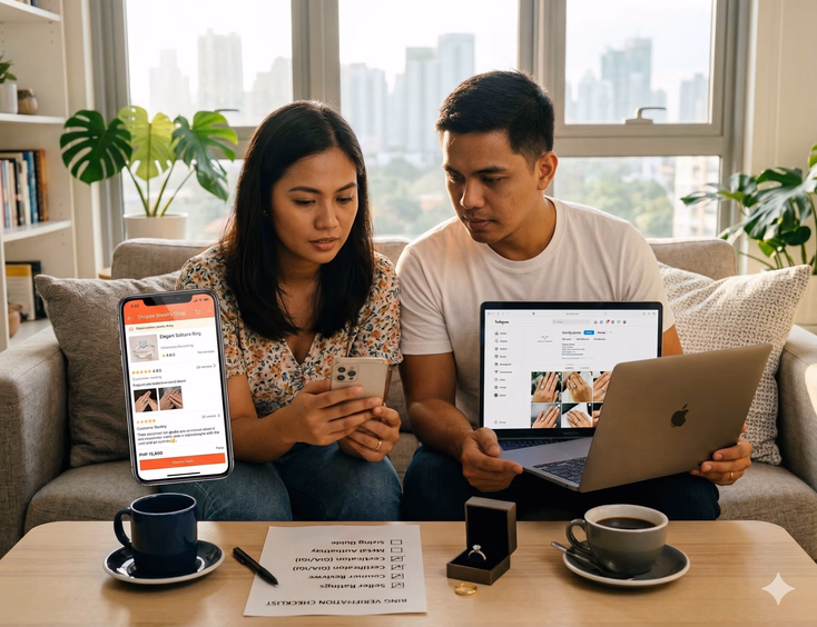 A Filipino couple sits side by side on a couch in a bright modern apartment, each researching wedding rings on separate devices. The woman holds a phone displaying a Shopee jewelry shop listing with star ratings and customer review photos, while her partner holds a laptop showing an Instagram jewelry shop profile with tagged customer ring photos. A printed verification checklist with three boxes ticked, a small open ring box with a plain gold band, and two cups of coffee sit on the coffee table between them.