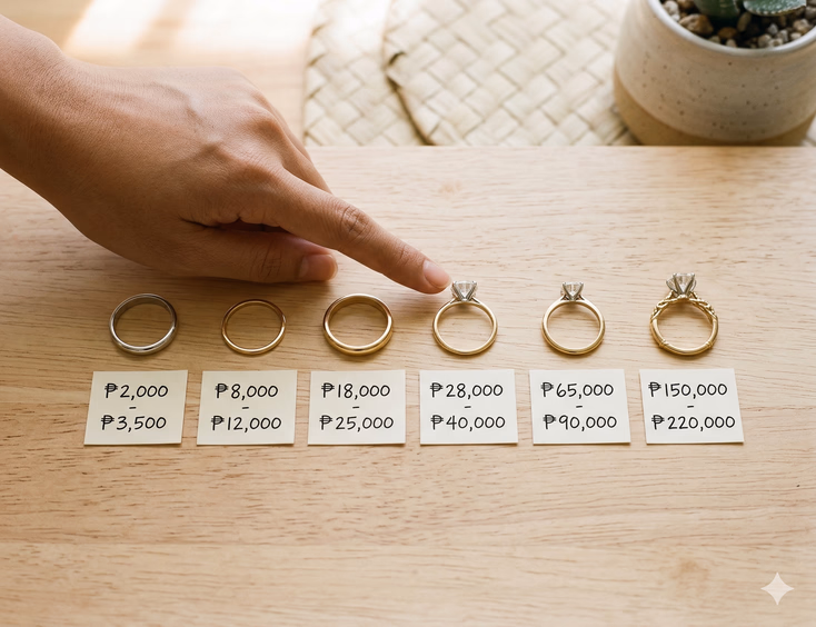 A flat lay of six wedding rings arranged in a single horizontal row on a light wooden surface, progressing from a plain sterling silver band to a simple 14K gold band, an 18K yellow gold band, a moissanite solitaire in white gold, a lab-grown diamond solitaire in 18K gold, and a natural diamond solitaire in 18K gold. A small handwritten price tag card sits below each ring, and a Filipino woman's hand enters the frame from the left, pointing to the moissanite ring with one fingertip under soft, diffused natural light.