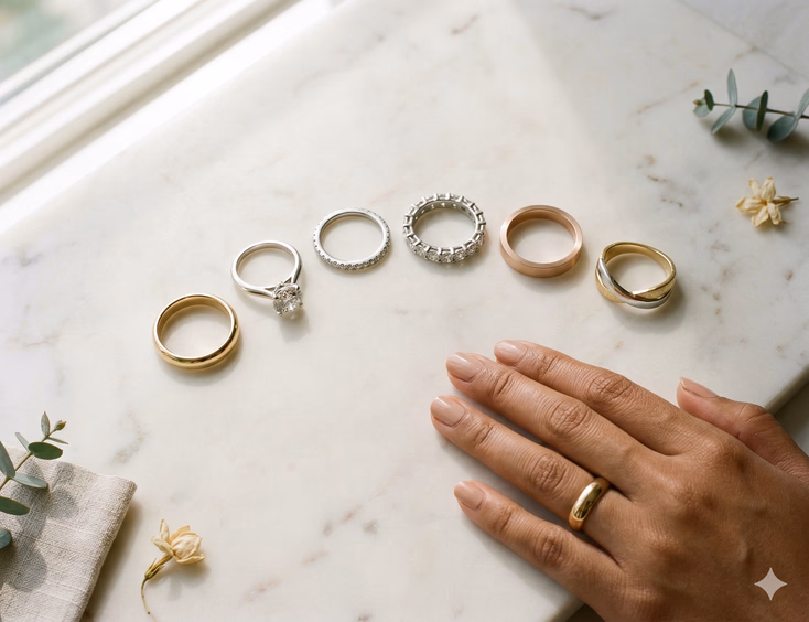 Six distinct wedding ring styles are arranged in a graceful arc on a warm white marble surface — a classic plain yellow gold band, a round brilliant solitaire in a four-prong white gold setting, a slim pavé diamond band, a full eternity band with channel-set stones, a flat matte rose gold band, and a two-tone yellow and white gold band. Soft natural window light from the upper left creates gentle highlights across each piece as a Filipino woman's hand with morena skin rests in the lower right corner, wearing the plain gold band to ground the composition in human context.