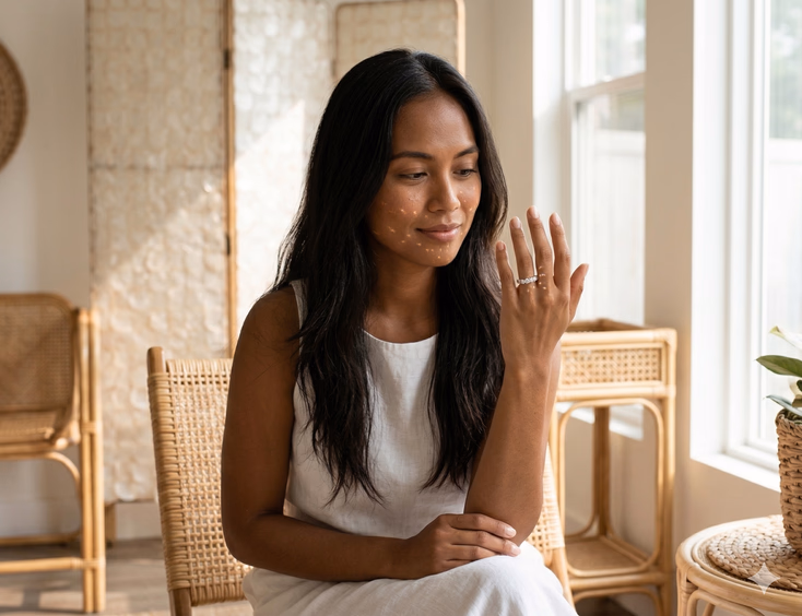 A Filipina woman in her late 20s sits in a sun-filled modern Filipino home interior with rattan furniture and capiz shell accents, holding her left hand up at eye level with a quiet, contented expression as she examines a full eternity band of channel-set round brilliant stones in white gold catching the bright afternoon sunlight. The ring throws delicate light patterns across her face and the wall behind her as she wears a simple white linen dress in a warmly domestic, everyday moment rather than a ceremonial one.