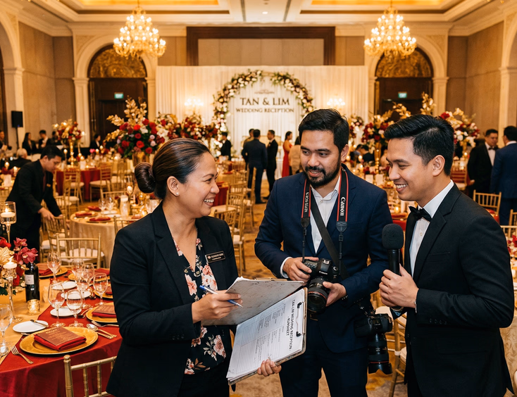 Filipino Chinese wedding supplier team including a female coordinator, photographer, and emcee collaborating inside a fully dressed Metro Manila banquet hall with red and gold centerpieces and warm golden lighting